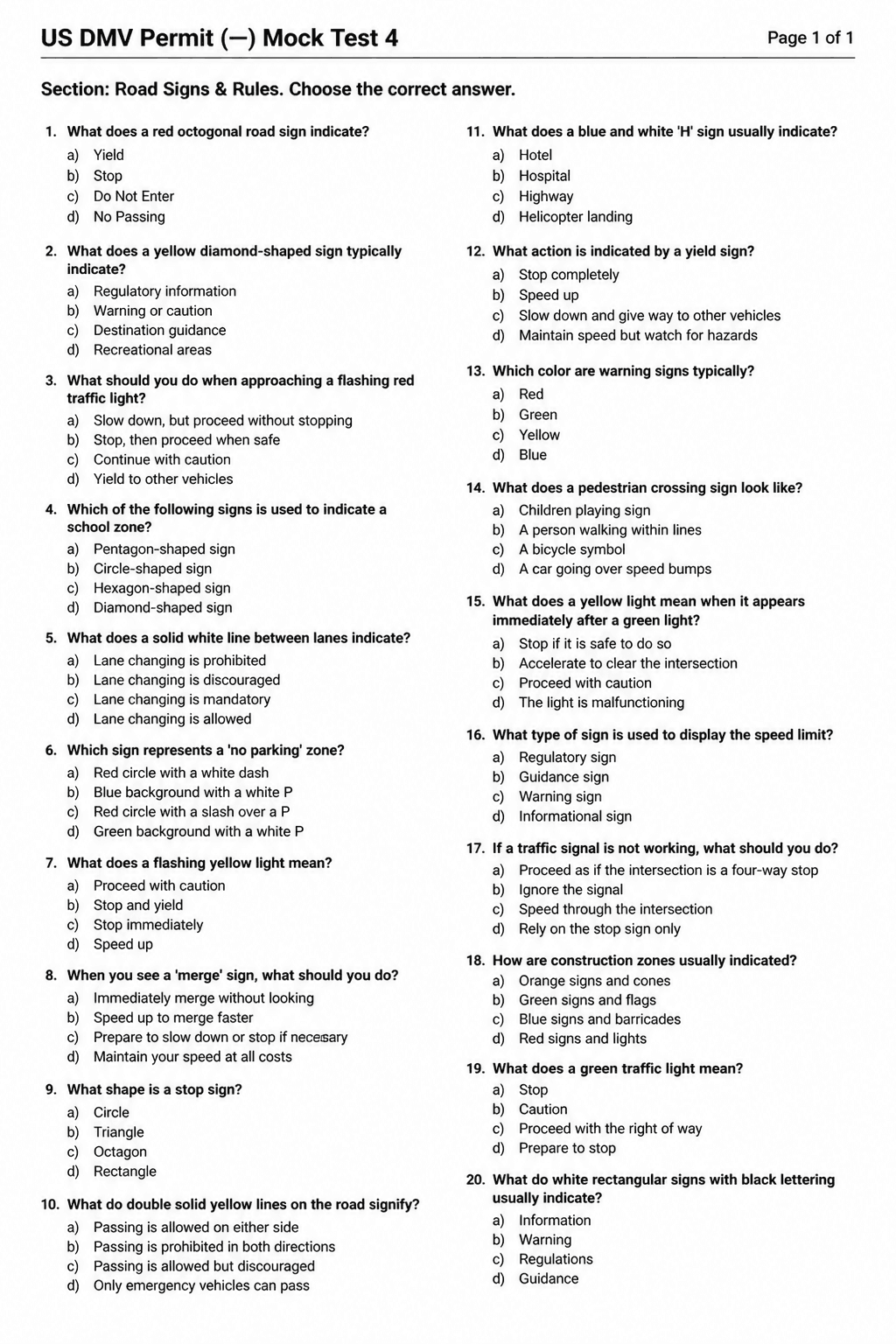 Preview of US DMV Permit Test — Mock Test 4