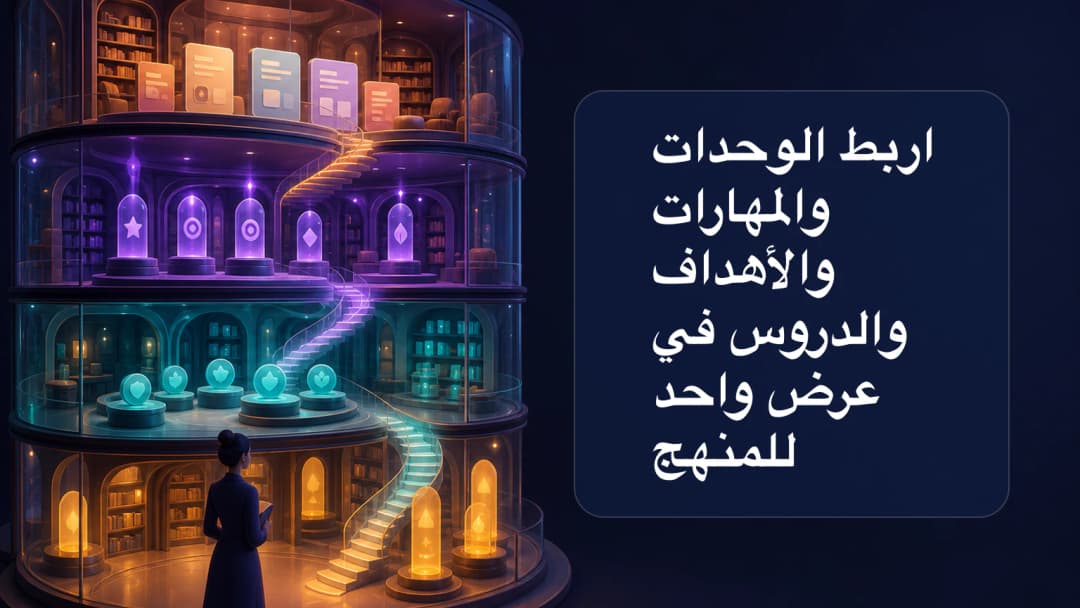 معلّم يشاهد وحدات المنهج والمهارات والأهداف وبطاقات الدروس مترابطة