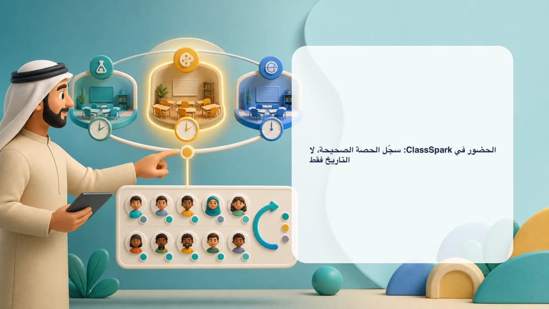 سجل حضور في ClassSpark مرتبط بحصة مجدولة محددة ويعرض حالات الحضور والتأخر والغياب