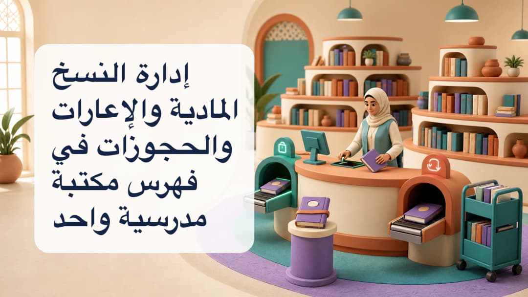 أمين مكتبة مدرسية يعرض عنوانا له نسخ متعددة برموز شريط مع إعارات وحجوزات نشطة