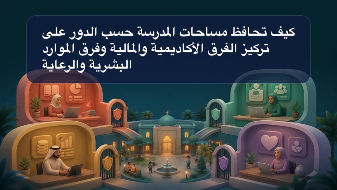 بطاقات أدوار مدرسية تقود إلى مساحات منفصلة للفرق الأكاديمية والإدارية والمالية والموارد البشرية والرعاية