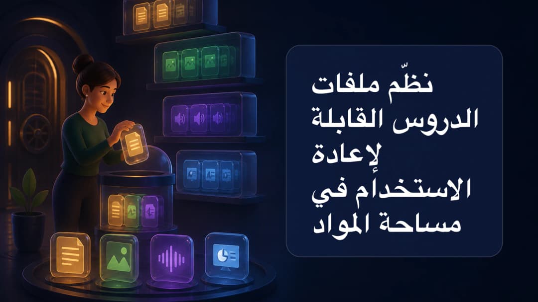 معلّم ينظم ملفات دروس قابلة لإعادة الاستخدام في مساحة مواد خاصة