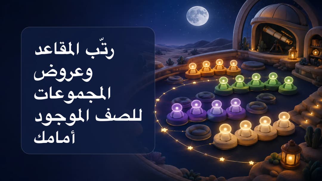 تم ترتيب فرق بطاقات الطلاب المرمزة بالألوان على طول مسار جلوس واضح في الفصل الدراسي