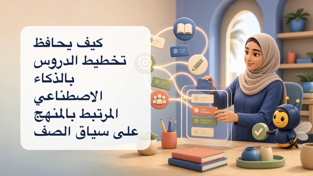 معلم يراجع خطة درس بمساعدة الذكاء الاصطناعي بجانب بطاقات سياق الصف والمنهج المحددين