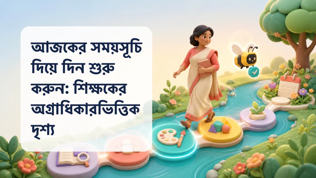 শিক্ষক সময় অনুযায়ী সাজানো ক্লাস, বর্তমান ও পরের পাঠ, উপস্থিতির অবস্থা এবং ক্যালেন্ডার ইভেন্ট দেখছেন