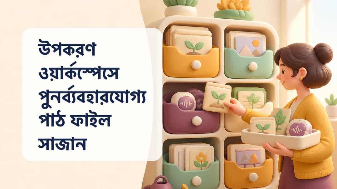 শিক্ষক ব্যক্তিগত উপকরণ কর্মক্ষেত্রে পুনর্ব্যবহারযোগ্য পাঠ ফাইল সাজাচ্ছেন