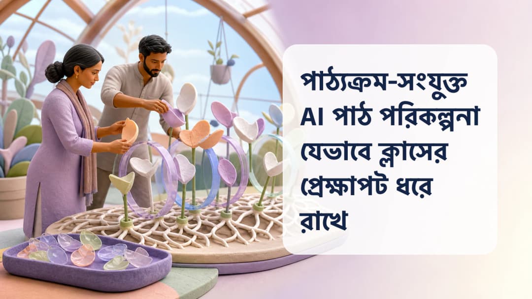 নির্বাচিত ক্লাস ও পাঠ্যক্রমের প্রেক্ষাপট কার্ডের পাশে AI-সহায়িত পাঠ পরিকল্পনা পর্যালোচনা করছেন শিক্ষক