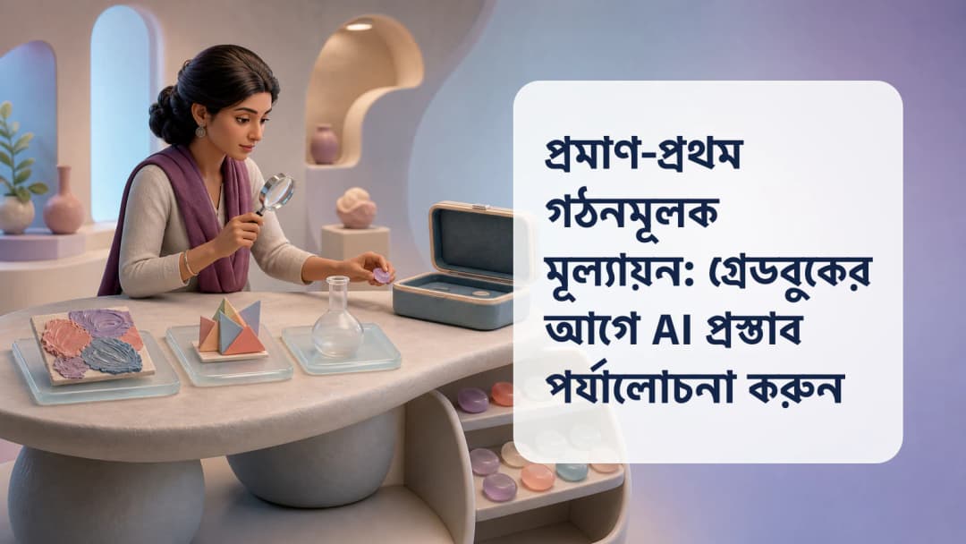 গঠনমূলক স্কোর নিশ্চিত করার আগে শিক্ষার্থীর কাজ ও AI-প্রস্তাবিত পর্যবেক্ষণ তুলনা করছেন শিক্ষক