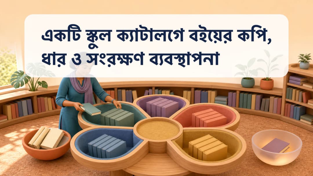 একটি শিরোনামের একাধিক বারকোডযুক্ত কপি, সক্রিয় ধার ও সংরক্ষণ দেখছেন স্কুল গ্রন্থাগারিক