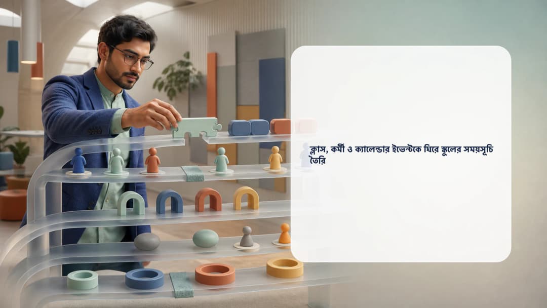 সময়সূচির ছকে ক্লাস, শিক্ষক, সহকারী, কক্ষ ও ক্যালেন্ডার ইভেন্ট সাজাচ্ছেন স্কুল পরিকল্পনাকারী