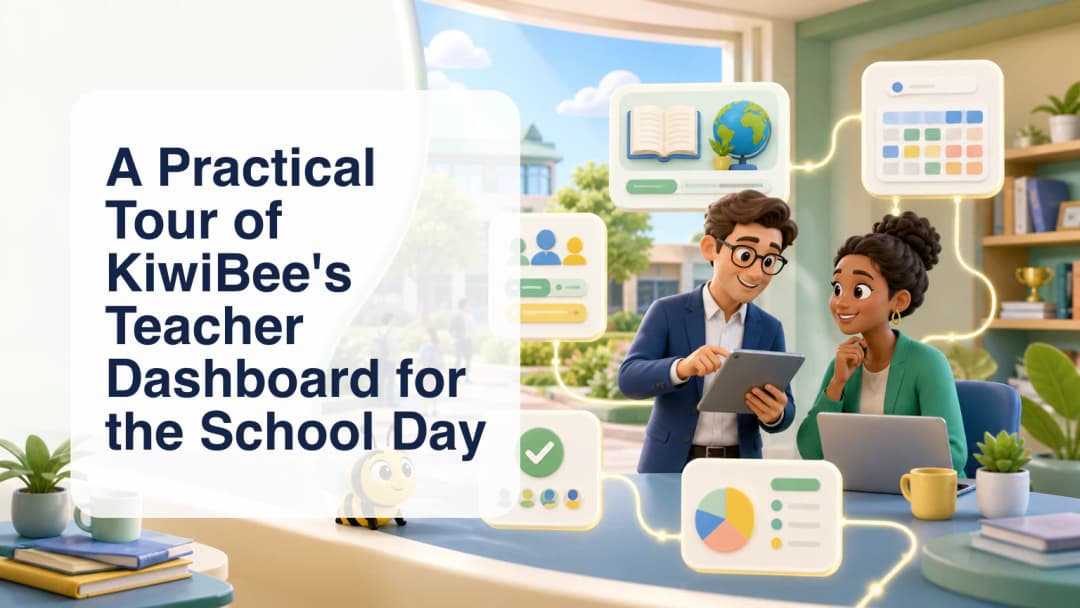 Illustrated teacher workspace with a daily schedule, class cards, curriculum resources, and reporting panels