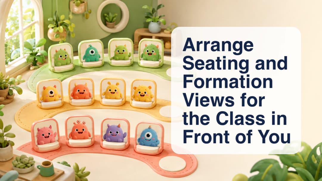 Color-coded student-card teams arranged along a clear serpentine classroom seating path