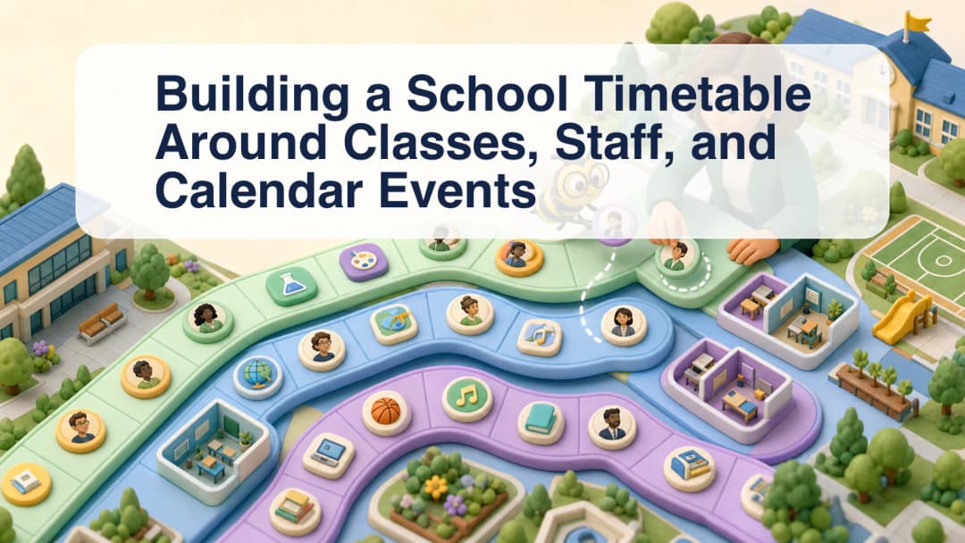 School scheduler arranging classes, teachers, assistants, rooms, and calendar events on a timetable