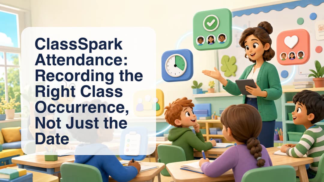 ClassSpark attendance register tied to a specific scheduled lesson with present, late, and absent statuses