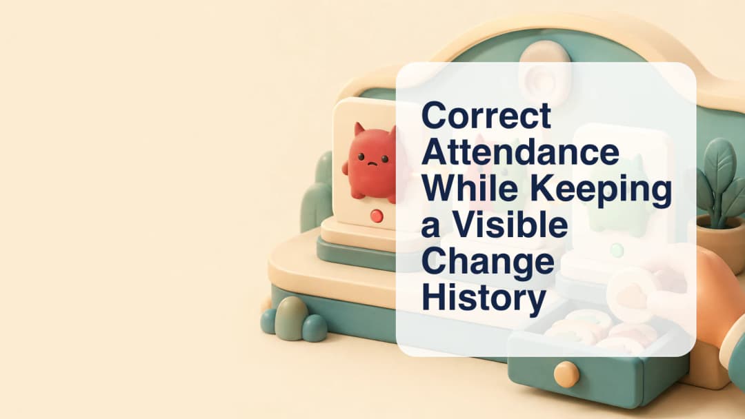 Attendance cards changing from an earlier state to a corrected state along a visible history trail