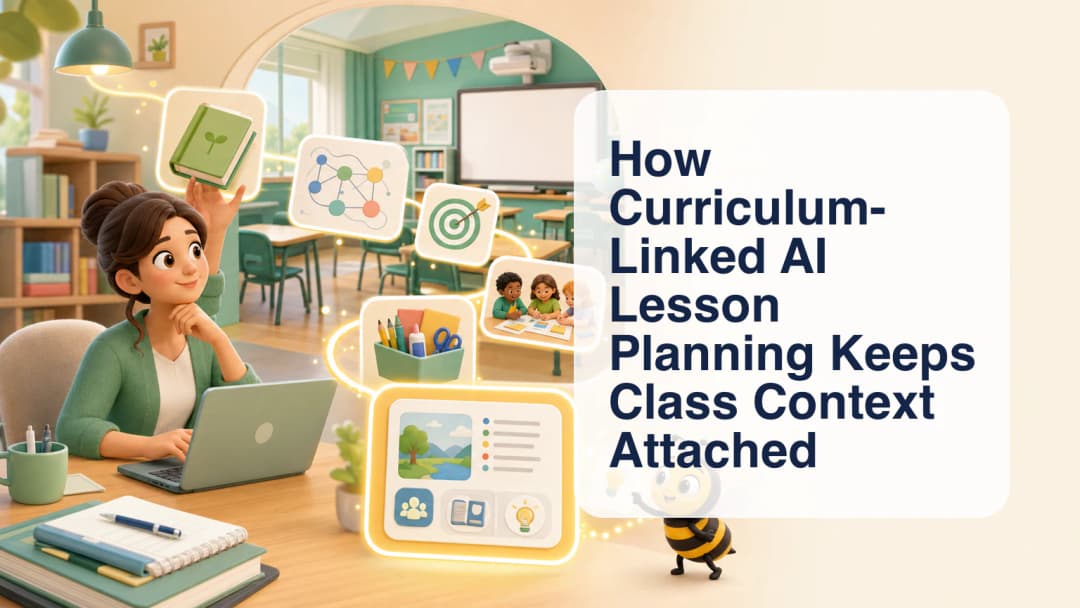 Teacher reviewing an AI-assisted lesson plan beside selected class and curriculum context cards