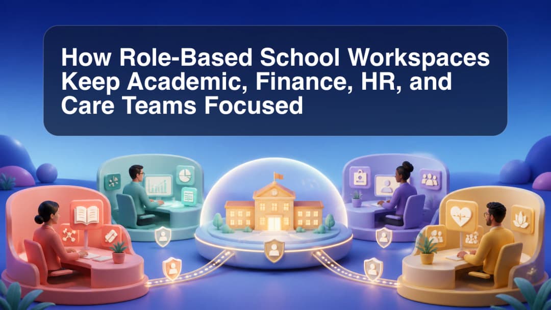 School staff role cards leading to separate academic, admin, finance, HR, and care workspaces