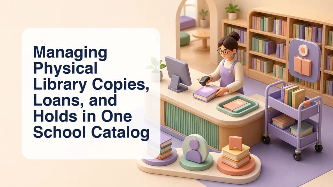 School librarian viewing a catalog title with multiple barcoded copies, active loans, and holds