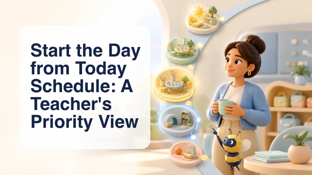 Teacher reviewing time-ordered Today Schedule cards with the current class highlighted