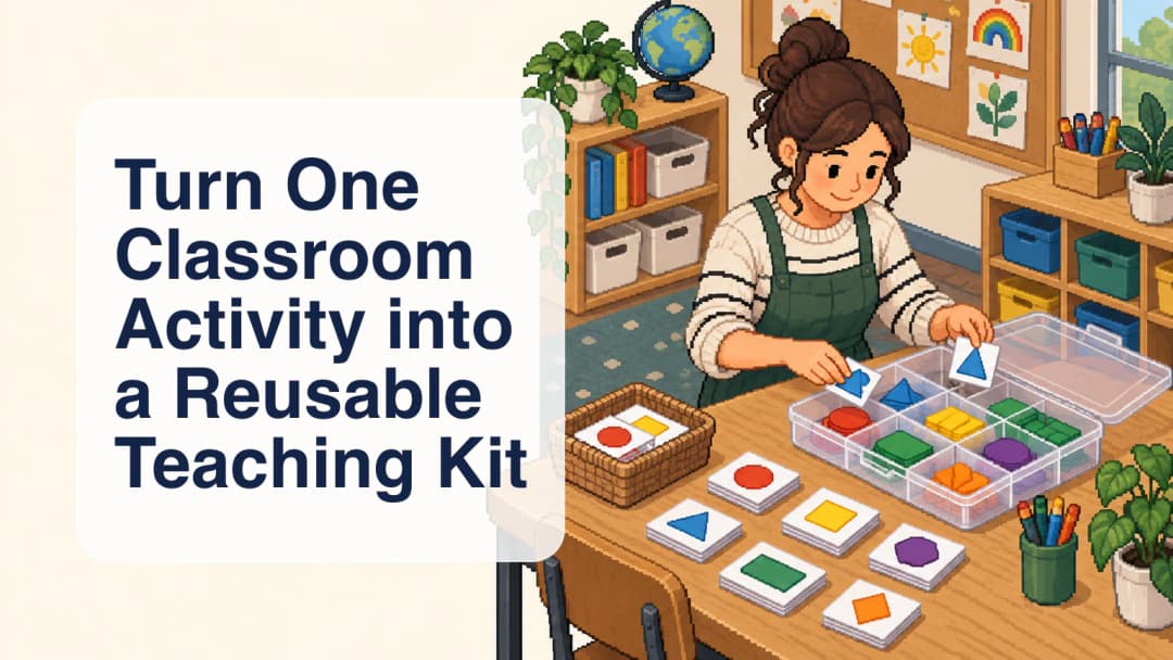 Pixel-art teacher packs geometric activity cards into a reusable classroom resource box.