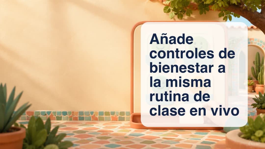 Docente revisando tarjetas de bienestar verdes felices y ámbar tristes en una clase en vivo