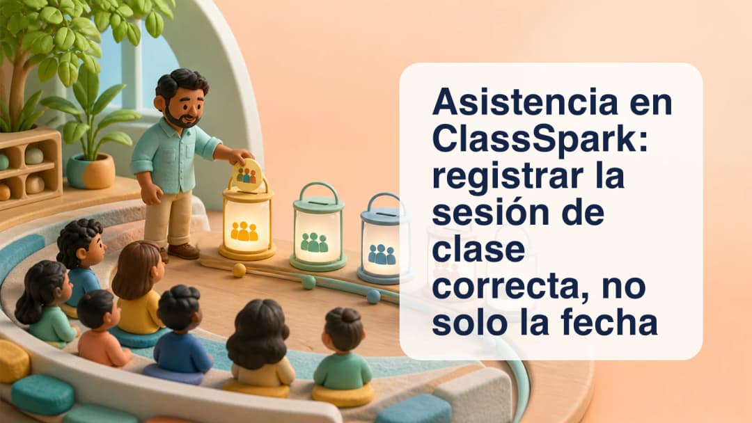 Registro de asistencia de ClassSpark vinculado a una lección concreta con estados presente, tarde y ausente