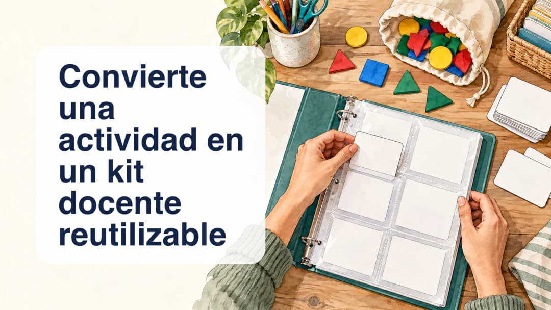 Ilustración a tinta y aguada de unas manos que organizan un archivador y figuras geométricas.