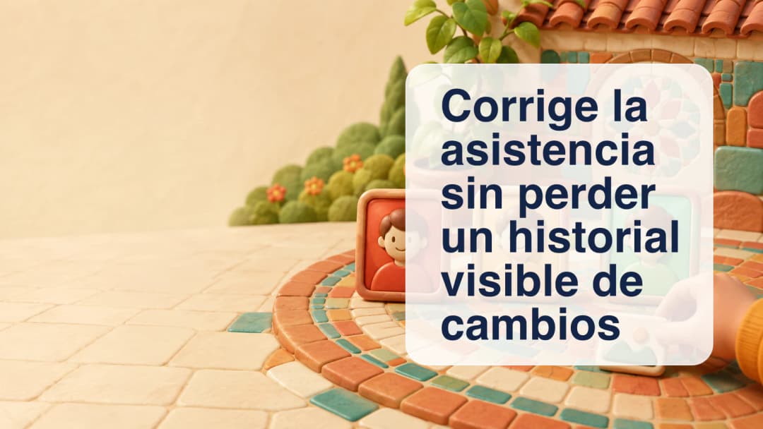 Tarjetas de asistencia que pasan del estado anterior al corregido mediante un historial visible