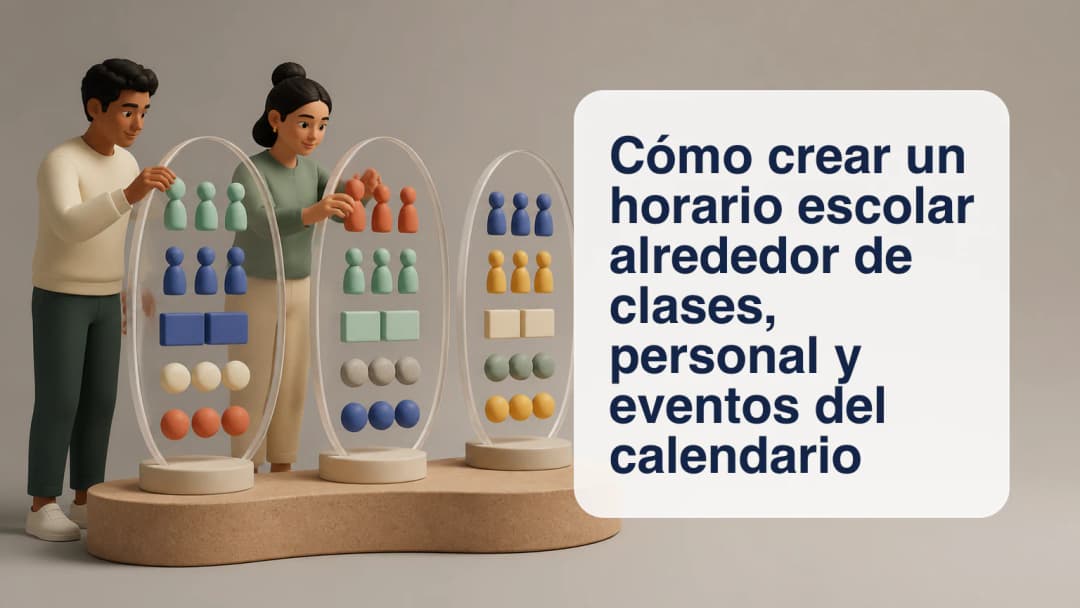 Responsable escolar organizando clases, docentes, asistentes, aulas y eventos sobre un horario
