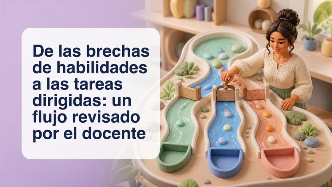 Docente revisando un borrador de tarea dirigida y una lista seleccionada de estudiantes