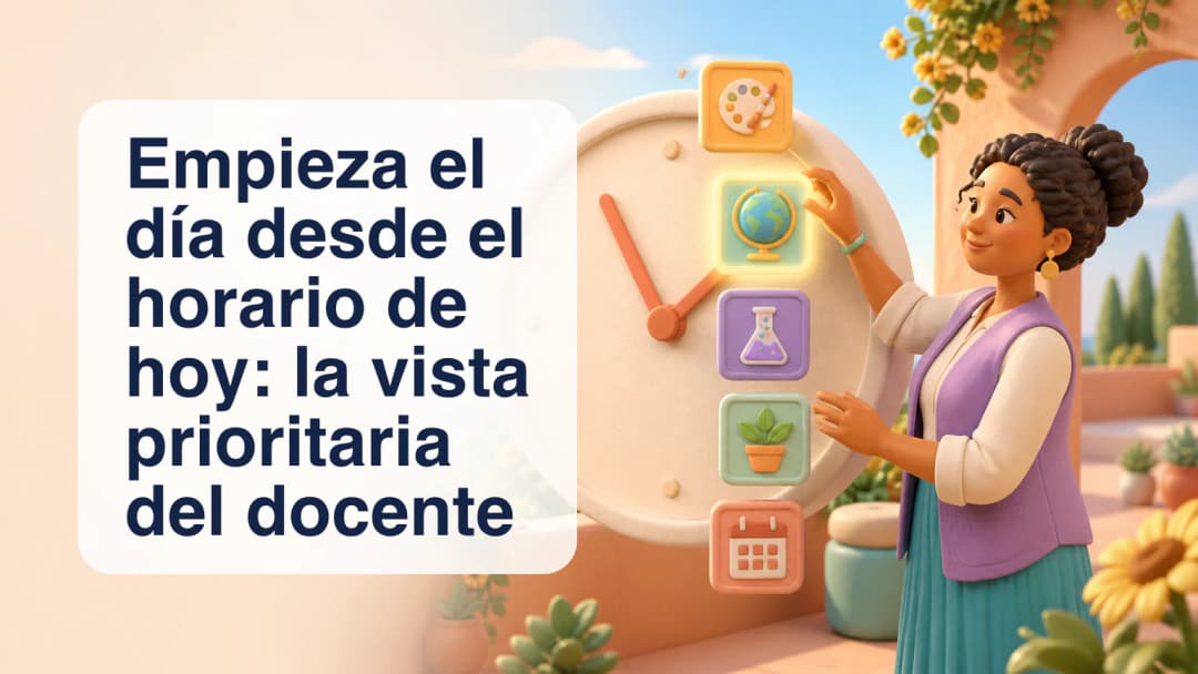 Docente revisando filas del horario de hoy ordenadas por hora con la clase actual destacada