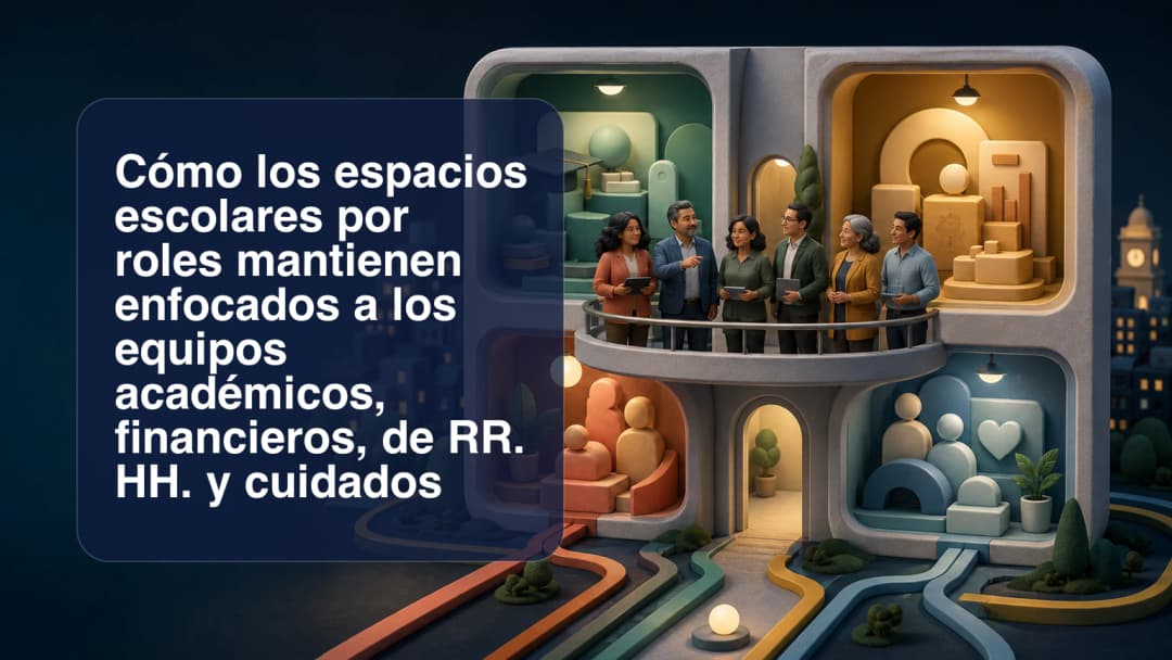 Tarjetas de roles escolares que conducen a espacios académicos, administrativos, financieros, de RR. HH. y cuidados