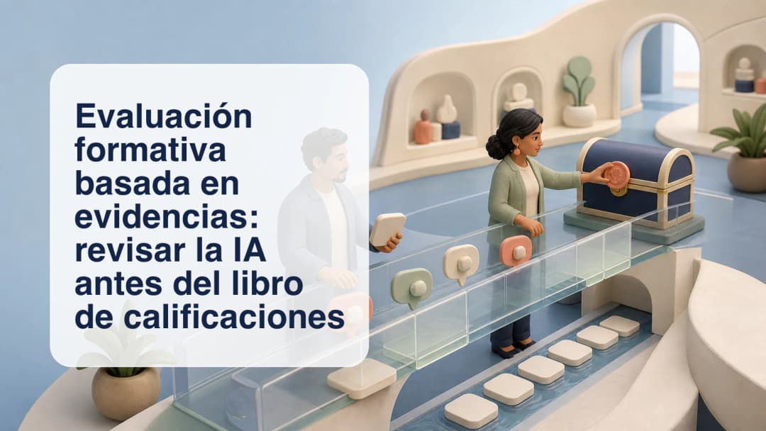 Docente comparando un trabajo estudiantil con observaciones sugeridas por IA antes de confirmar una puntuación formativa
