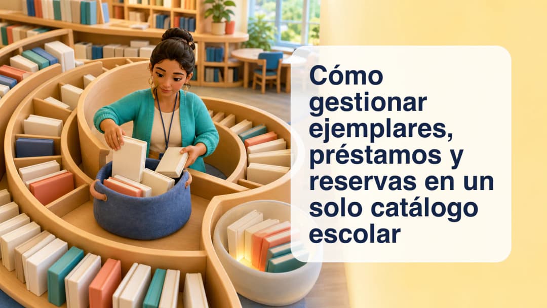 Bibliotecario escolar revisando un título con varios ejemplares codificados, préstamos activos y reservas