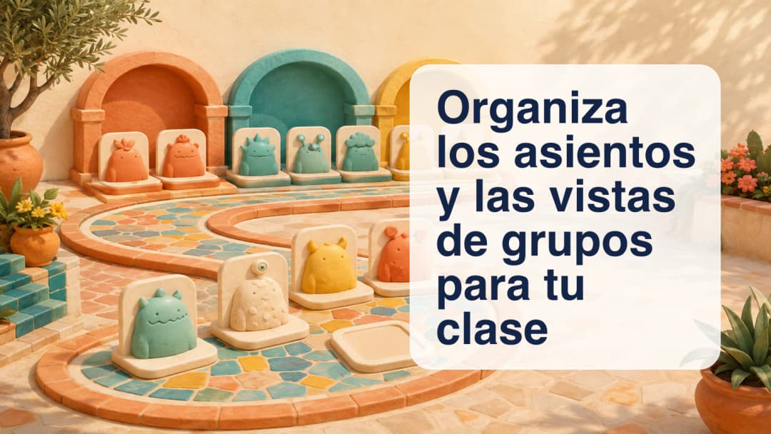 Equipos de tarjetas de estudiantes codificados por colores dispuestos a lo largo de un camino claro y serpenteante para sentarse en el aula