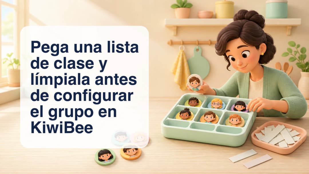 Docente ordenando una lista de clase pegada en filas limpias de estudiantes