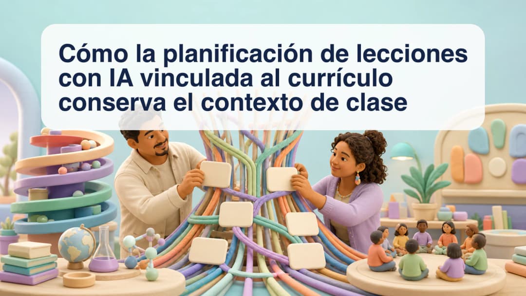 Docente revisando un plan de clase asistido por IA junto a las tarjetas de clase y currículo seleccionadas