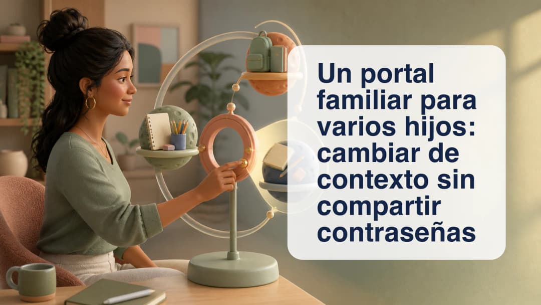 Portal familiar con selector de hijos vinculados y paneles de tareas, currículo y horario de hoy
