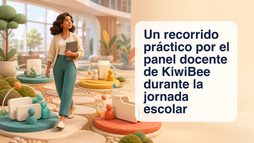 Espacio docente ilustrado con horario diario, tarjetas de clase, recursos curriculares y paneles de informes