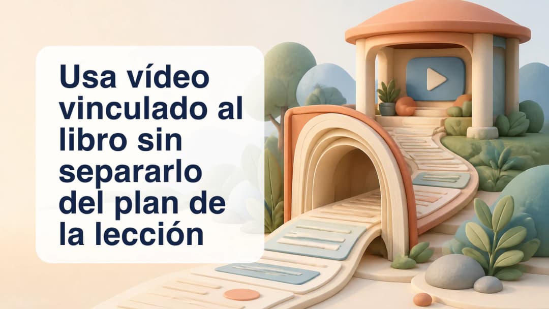 Libro curricular abierto conectado a un vídeo privado de aula