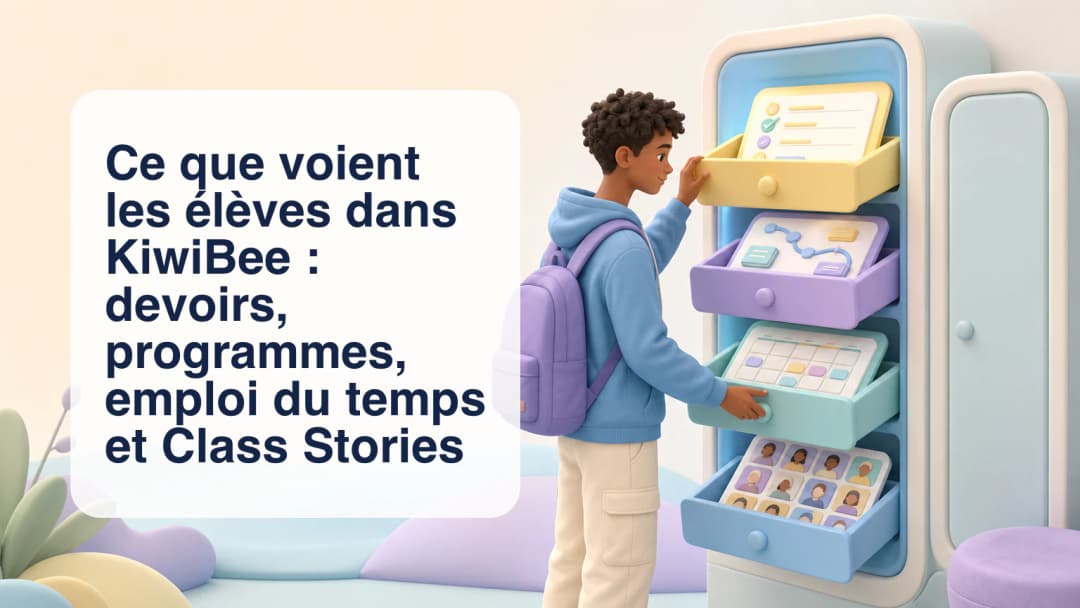 Tableau de bord élève avec devoirs à venir, programmes actifs, emploi du temps du jour et accès à Class Stories