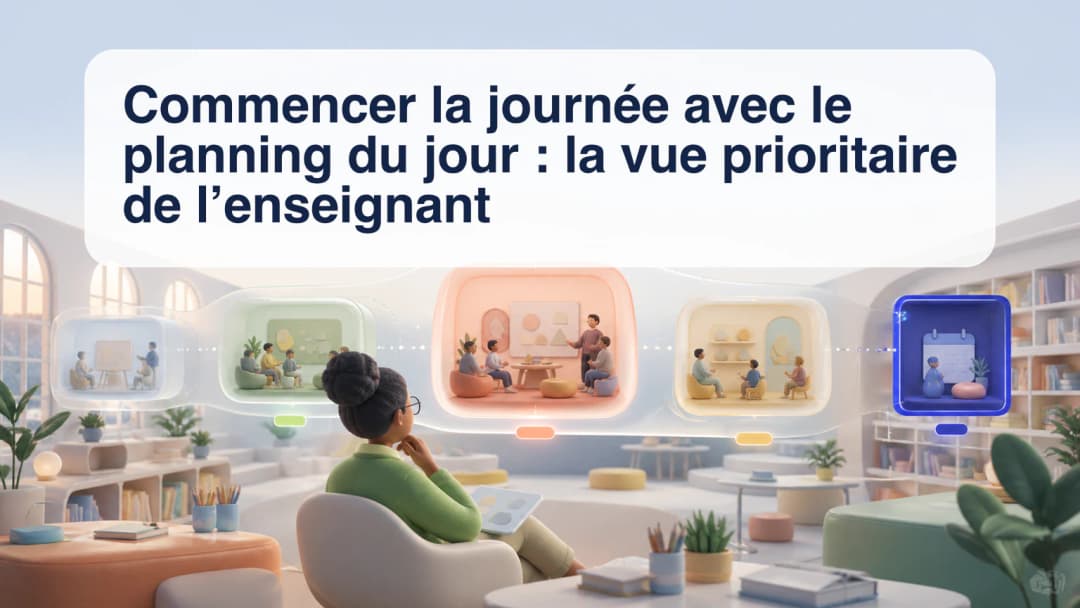 Enseignant consultant un planning chronologique avec le cours actuel, le suivant, le statut d’appel et les événements du calendrier