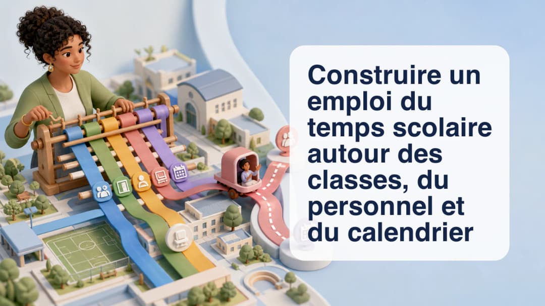 Planificateur scolaire organisant classes, enseignants, assistants, salles et événements sur une grille d’emploi du temps