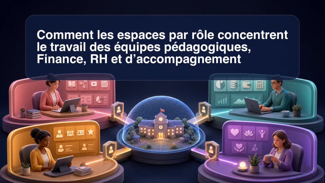 Cartes de rôles scolaires menant à des espaces distincts pour les équipes pédagogiques, administratives, financières, RH et d’accompagnement