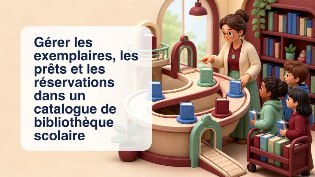 Bibliothécaire scolaire consultant un titre avec plusieurs exemplaires à code-barres, prêts actifs et réservations