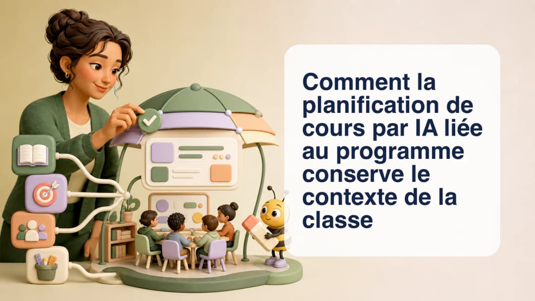 Enseignant révisant un plan de cours assisté par IA à côté des cartes de contexte de classe et de programme