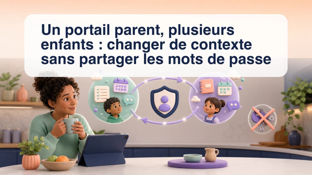 Portail parent présentant un sélecteur d’enfant lié avec devoirs, programme et emploi du temps du jour