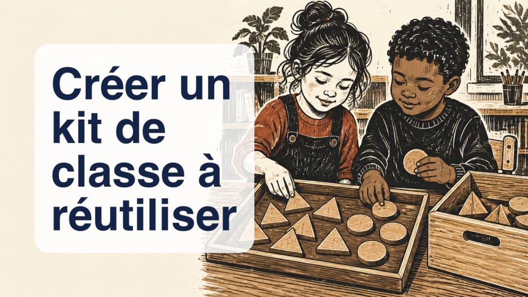 Gravure sur linoléum montrant deux élèves qui classent des formes près d’une boîte de rangement.