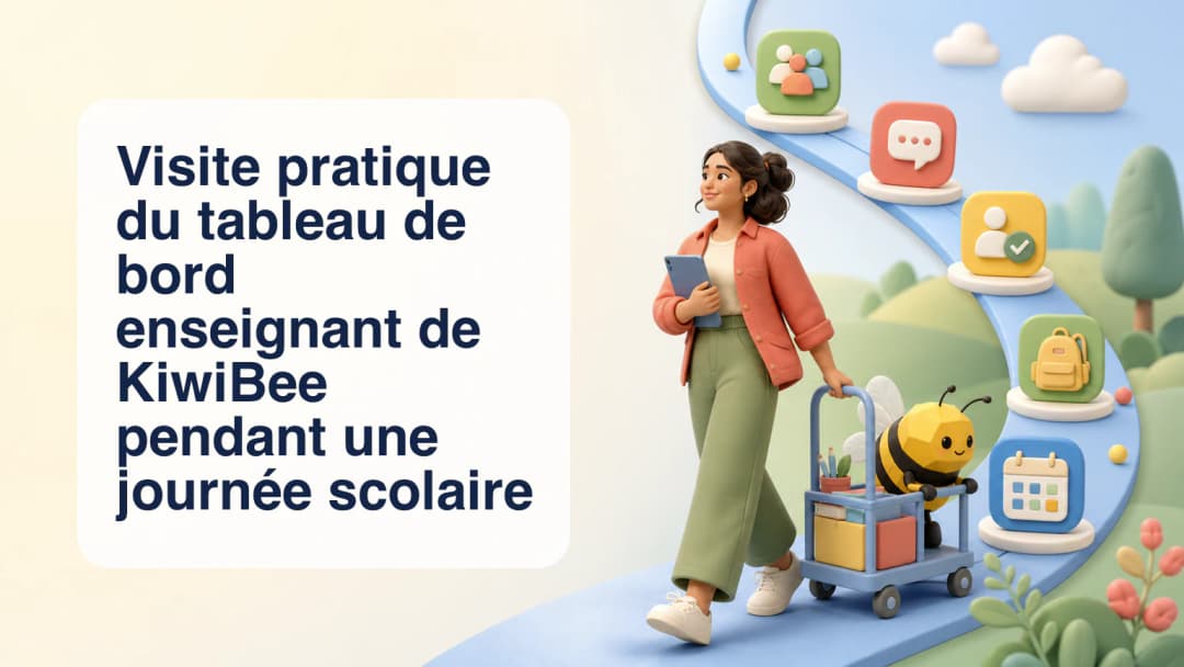 Espace enseignant illustré avec emploi du temps quotidien, cartes de classes, ressources pédagogiques et panneaux de rapports