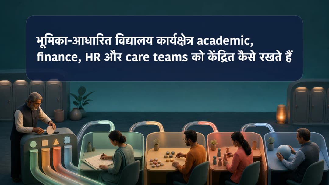 academic, admin, finance, HR और care workspaces की ओर जाती विद्यालय staff role cards